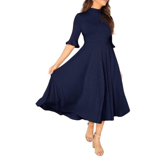 Navy Blue Mock Neck Ruffle Cuff A-Line Midi Dress Half Sleeve Womens Polyester B - Picture 1 of 7